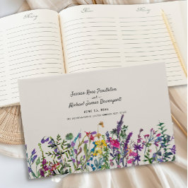 Livro De Visitas Aquarela Flores Silvestres Creme Roxo Casamento