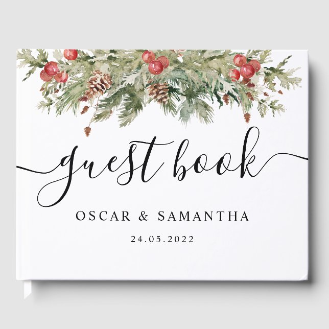 Livro De Visitas Aquarela Palha Verde de Inverno e Pine Cone (Frente)