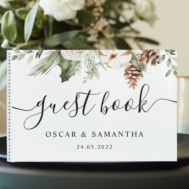 Livro De Visitas Aquarela Palha Verde de inverno Flores Brancas (Criador carregado)