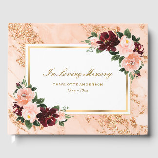 Livro De Visitas Aquarela Rosa Floral Funeral Memorial Burgundy