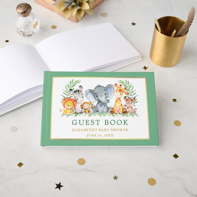 Livro De Visitas Aquarela Safari Animais Chá de fraldas Verde (Frente aberta)