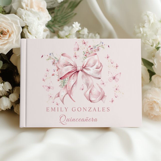 Livro De Visitas Arco rosa-coqueteira pearls Quinceañera Aniversári (Pink Bow Pearls quinceañera guest book)