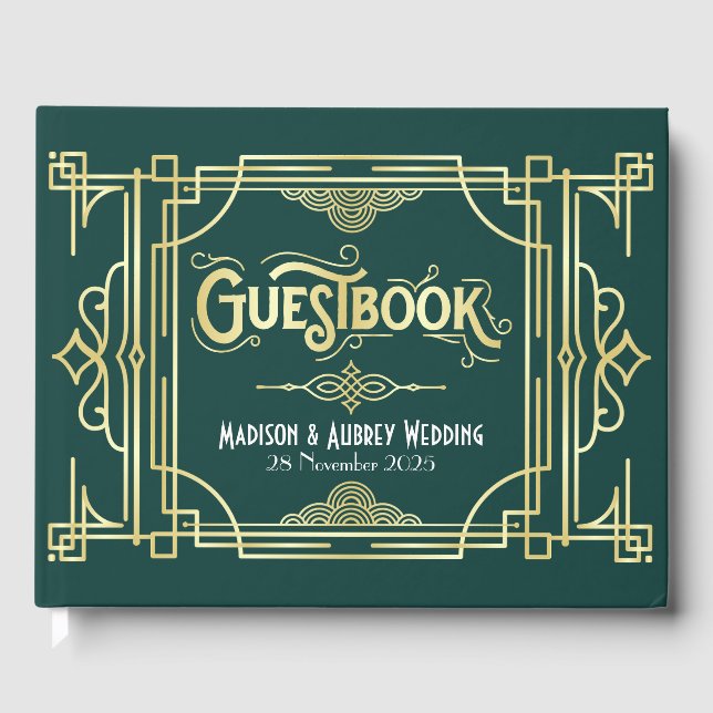 Livro De Visitas Art Deco Elegante Dourado Casamento de Gatsby Verd (Frente)
