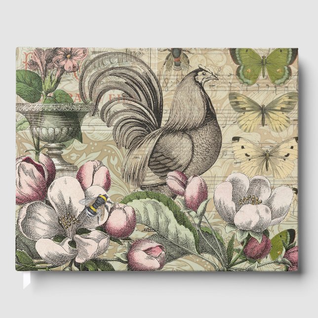 Livro De Visitas Arte de Colagem de Jardim com Galo Vintage: País F (Frente)