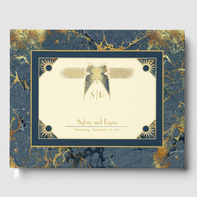 Livro De Visitas Arte Deco Borboleta Monograma Azul e Casamento Dou (Frente)