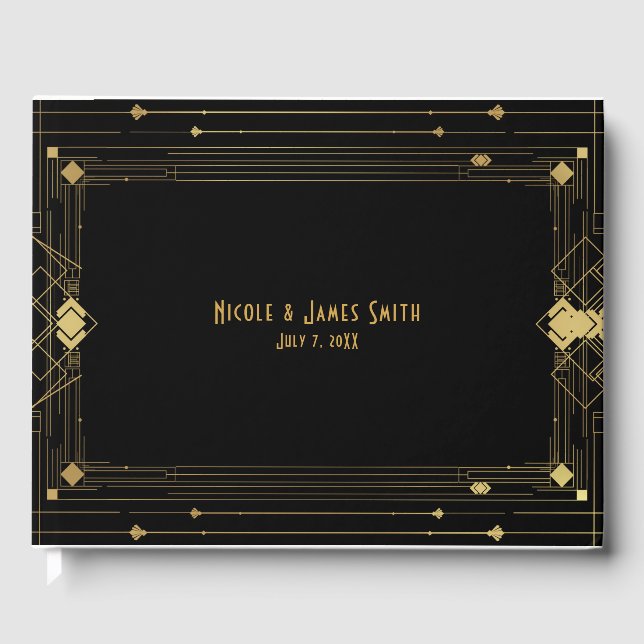 Livro De Visitas Arte Dourada e Negra Deco Gatsby Roaring 20's Wedd (Frente)