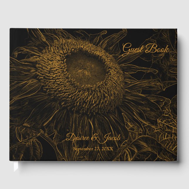 Livro De Visitas Arte Floral Negra Dourada Sunflower Elegante (Frente)