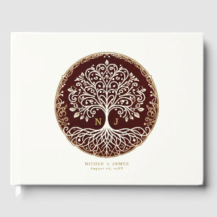 Livro De Visitas Árvore da Vida Rústica Vermelho Escuro Casamento C