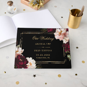 Livro De Visitas Assentos de Casamento Floral Bege Borgonha Preto e