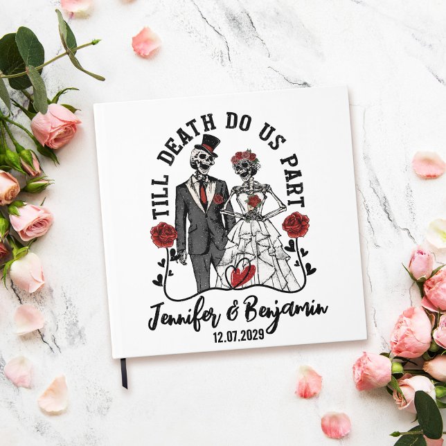 Livro De Visitas Até a morte nos separamos do dia das bruxas (White wedding guest book with skeletons - till death do us part)