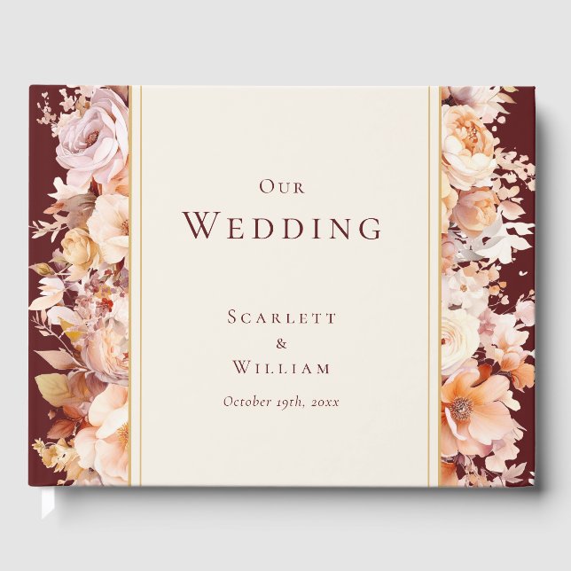 Livro De Visitas Autumn Floral Burgundy Cream Wedding (Frente)