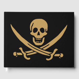 Livro De Visitas Aztec Dourado Crânio e Cutlass Pirata Calico Jack