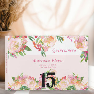 Livro De Visitas Azul branco rosa e Dourado, 15 Floral, Aniversário