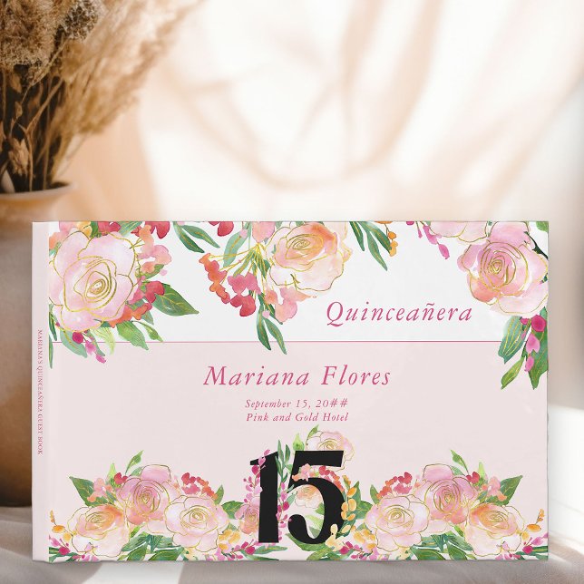 Livro De Visitas Azul branco rosa e Dourado, 15 Floral, Aniversário (Pretty 15th birthday guest book from my Floral Chic Quinceanera Collection
)
