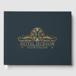 Livro De Visitas Azul Dourado de luxo com marca de hotel