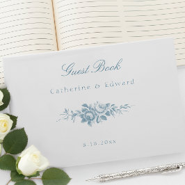Livro De Visitas Azul Elegante Clássico e Floral Branco