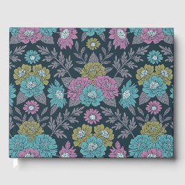 Livro De Visitas Azul Escuro, Verde e Floral Púrpura