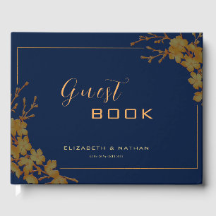 Livro de Visitas Azul Marinho com Floral Dourado E