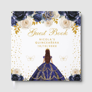 Livro De Visitas Azul Marinho Floral Princesa Quinceañera