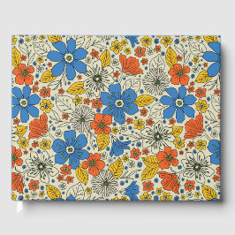 Livro De Visitas Azul Retroativo, Amarelo e Laranja Floral