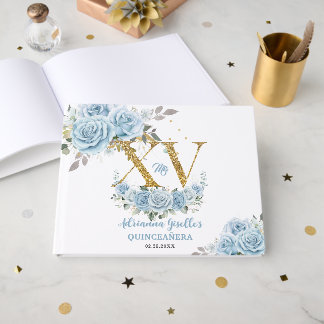 Livro De Visitas Baby Blue Floral Gold XV Quinceañera Quinze 15