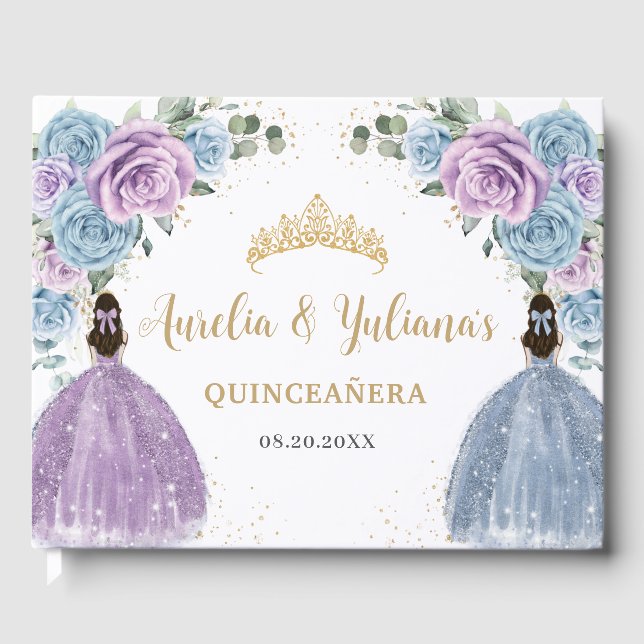Livro De Visitas Baby Blue Lilac Floral Princesses Twin Quinceañera (Frente)