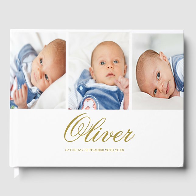 Livro De Visitas Baby Boy 3 Photo Collage Elegant Dourado (Frente)