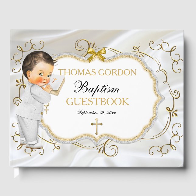 Livro De Visitas Baby Boy Baptism Christening Dourado Cross (Frente)
