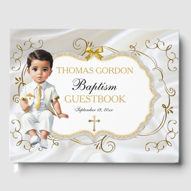Livro De Visitas Baby Boy Baptism Christening White e Dourada Cruz (Frente)
