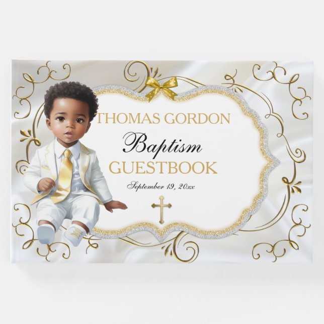 Livro De Visitas Baby Boy Baptism Christening White e Dourada Cruz (Frente)