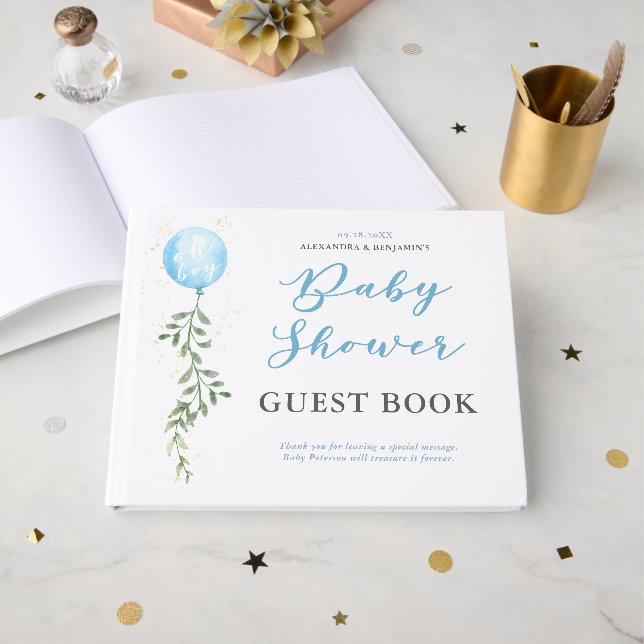 Livro De Visitas Balloon Soft Greenery Dusty Blue Boy Baby Shower (Frente aberta)