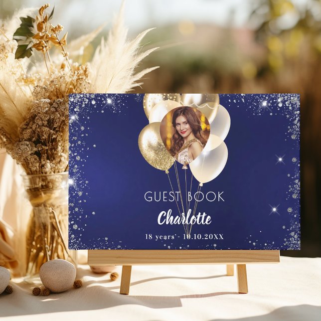 Livro De Visitas Balões de ouro de marinho azul de aniversário do l (Criador carregado)