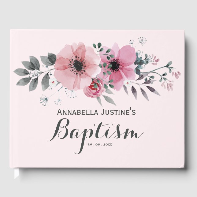Livro De Visitas BAPTISMO Floral Rosa Elegante (Frente)