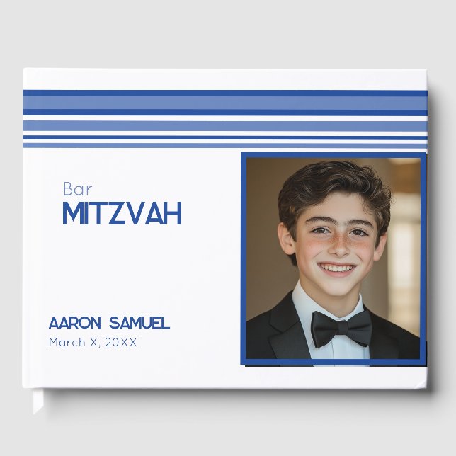 Livro De Visitas Bar Mitzvah de Foto em Branco Azul (Frente)