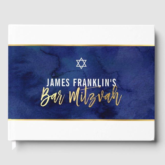 Livro De Visitas BAR MITZVAH escrevendo de ouro azul-aquarela moder (Frente)