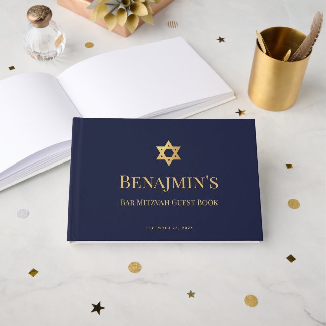 Livro De Visitas Bar Mitzvah Navy Blue Faux Gold Star of David Boy (Frente aberta)