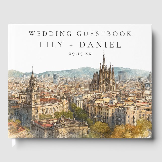 Livro De Visitas Barcelona Skyline Watercolor Wedding (Frente)