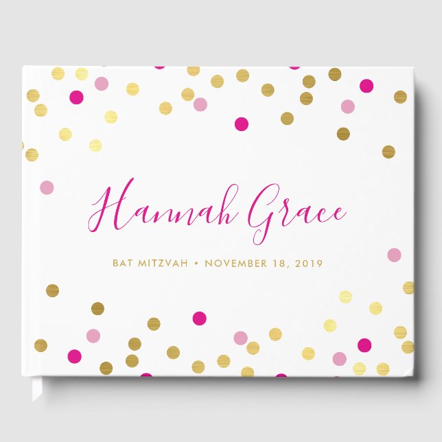 Livro De Visitas BAT MITZVAH bonito glam confetti spot dourado rosa (Frente)