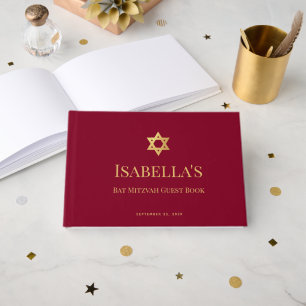 Livro De Visitas Bat Mitzvah Borgonha Falso Ouro Estrela de Davi Me