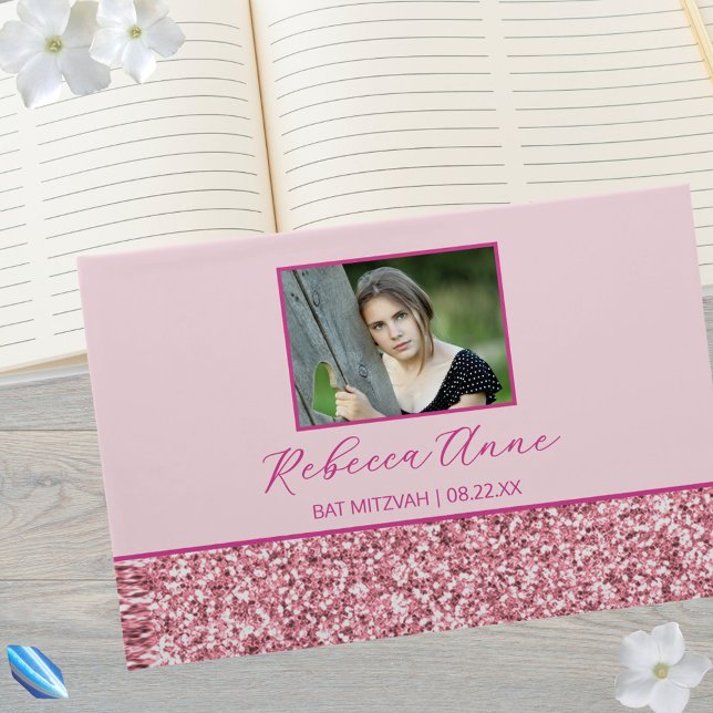 Livro De Visitas Bat Mitzvah, Foto Simples e Elegante Glam Rosa (A photo guestbook perfect for capturing those Bat Mitzvah party memories)