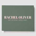 Livro De Visitas Bat Mitzvah Verde Cor-de-Rosa<br><div class="desc">Típografia em negrito personalizada,  cor-de-rosa-claro e livro convidado do Bat moderno verde florestal Mitzvah</div>