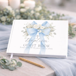 Livro De Visitas Batismo de Bebê Menino com Laço Azul Eucalipto