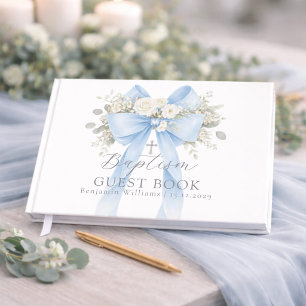 Livro De Visitas Batismo de Bebê Menino com Laço Azul Eucalipto