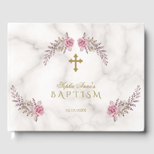 Livro De Visitas Batismo de Marble Girl Floral Rosa Encantador