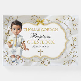 Livro De Visitas Batismo de Menino Branco e Dourado com Cruz