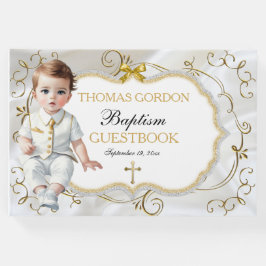 Livro De Visitas Batismo de Menino Branco e Dourado com Cruz