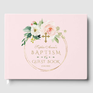 Livro De Visitas Batismo Dourado Floral de Blush Rosa Elegante