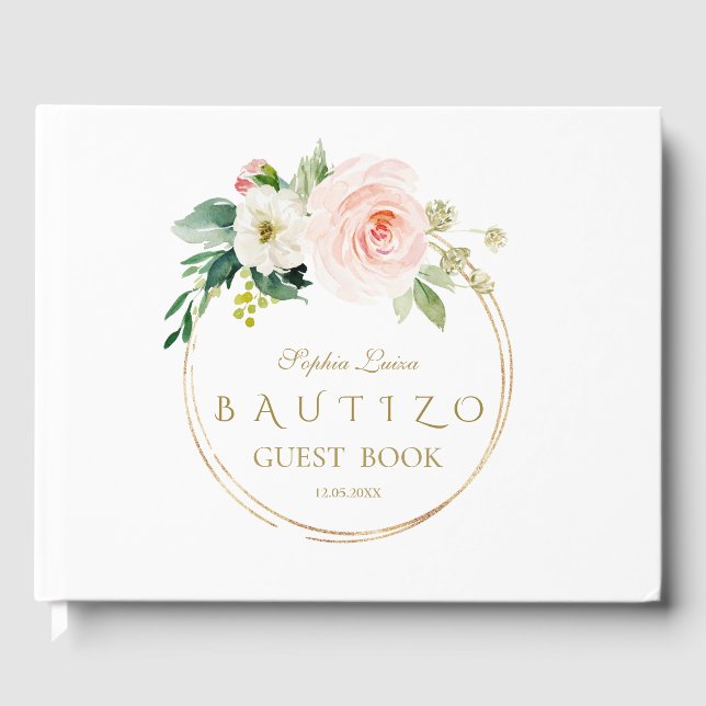 Livro De Visitas Bautizo Dourado Floral , Espanhol, Rosa Único (Frente)