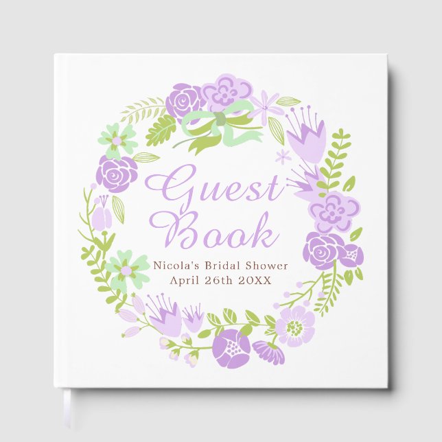 Livro De Visitas Beautiful Purple Floral Wreath Bridal Shower (Frente)