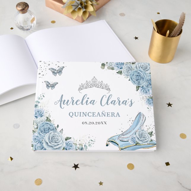 Livro De Visitas Bebê Azul Vidro Floral Quinceañera XV 16 (Frente aberta)